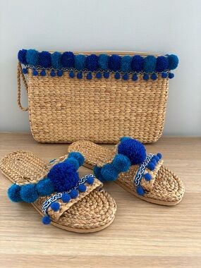 Pom Pom Straw Clutch & Slide Sandals Set - Beach - Resort - Vacation  Size US 6